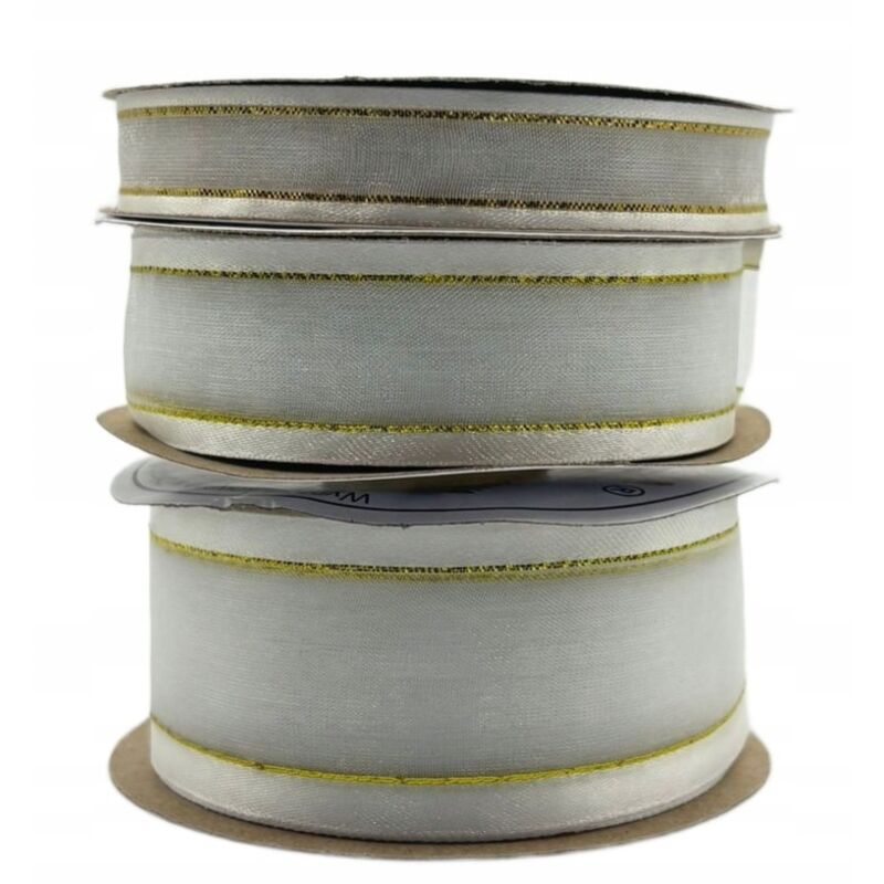Nastro in chiffon bianco, filo d'oro, rotolo da 15 mm e 22 m, per decorazione