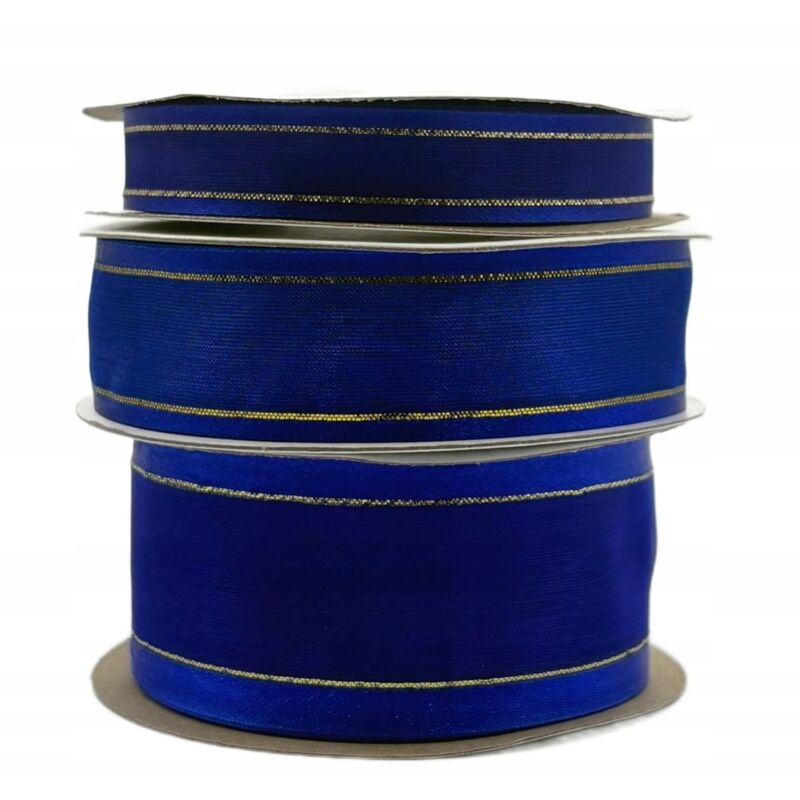 Nastro in chiffon blu fiordaliso, rotolo di filo dorato da 25 mm e 22 m per decorazione