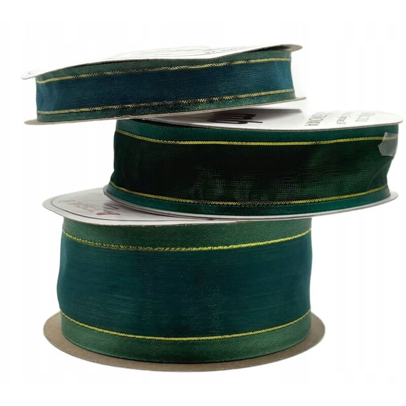 Nastro in chiffon verde bottiglia, rotolo di filo dorato, 15 mm, decorazione da 22 m