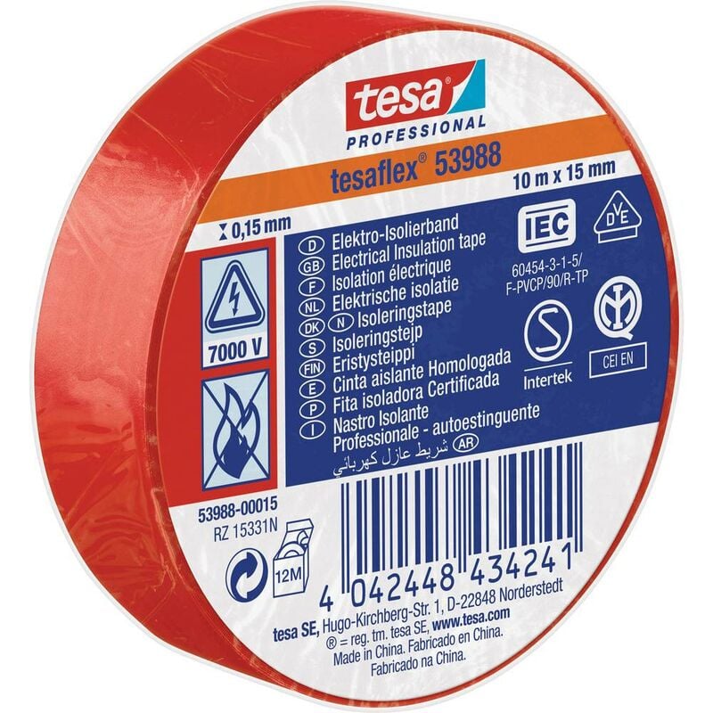 Image of 53988-00015-00 Nastro isolante ® Professional Rosso (l x l) 10 m x 15 mm 1 pz. - Tesa