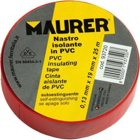 Nastro Isolante in Pvc Rosso Spessore 0,13 mm Larg. x Lung. 19mm x 25 mt Maurer 10 pz
