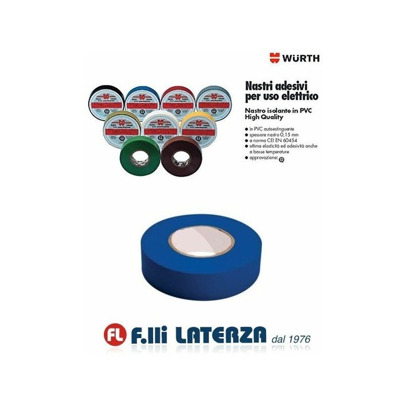 Nastro isolante professionale da elettricista rotolo Wurth 19mmX25mt blu 10 pz