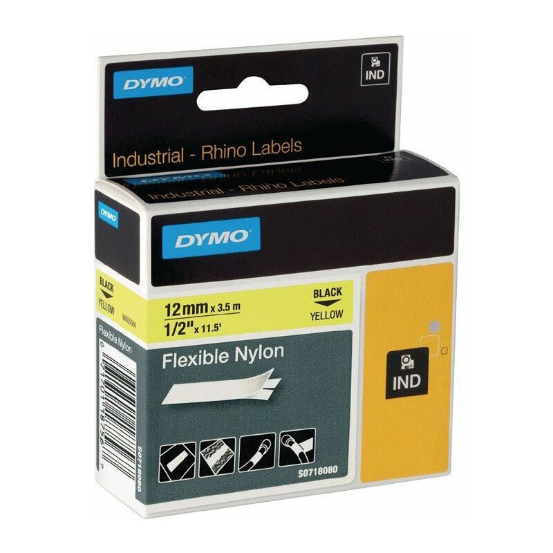 Image of Nastro per scrittura Tape-W.12mm Tape-L.3.5m Nastro in nylon flessibile nero su giallo Dymo Per 5)