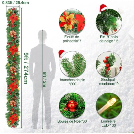 Natale, ghirlanda per albero di Natale da 2,7 m con luci, decorazioni natalizie, adatta per porte, finestre, scale, caminetti