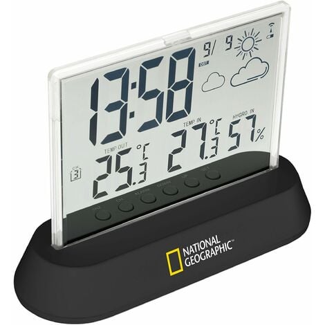 National Geographic Stazione meteorologica Radio con sensore da Esterno dal Design Trasparente con Schermo per visualizzazione dei valori di Temperatura e umidità e delle Tendenze Meteo