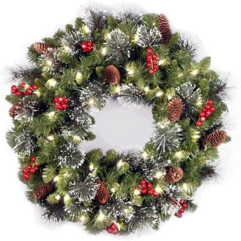 National Tree Company Guirlande de Noël artificielle pré-illuminée, vert, épinette Crestwood, lumières blanches, décorée de pommes de pin, grappes de baies, branches givrées, collection de Noël, 24 po
