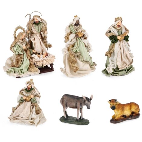 Natività con 3 Re magi asino e bue con vestiti in tessuto statue per presepe