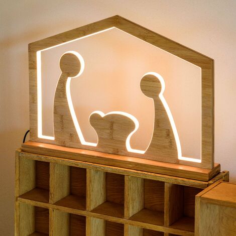 Natività in legno naturale luminosa con led a luce calda "Casetta" decorazione per interno -Grande