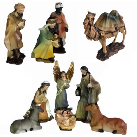 Natività SacraFamiglia 10pz pastorelli CM9 statuine pastori per presepe completa di re maggi bue asinello e cammello