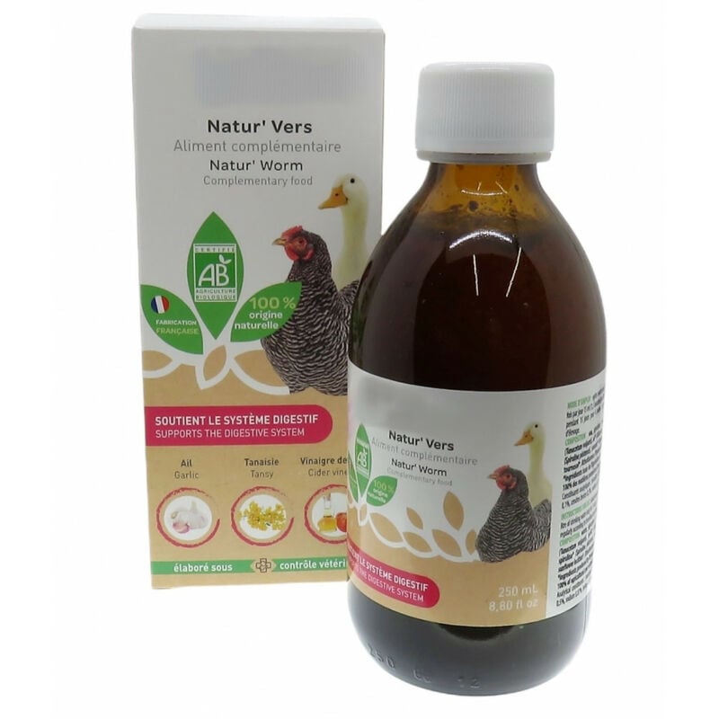

Natur' Worms, pienso complementario contra los gusanos para pollos y patos 250 ml.