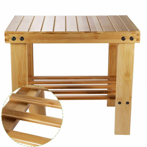 Natural Bamboo Low Stool with Storage Shelf for Kids and Adults (32X24X34cm)