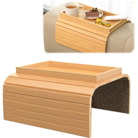SINBINTA Natural Bamboo Sofa Armlehnenablage, Sofaablage Tisch für Couch, Sofa Armlehne Tablett Tisch Anti-Rutsch Sofatisch, Couch Getränkehalter für Snacks, Handy, Steuerung, Tassen, flexibel und faltbar