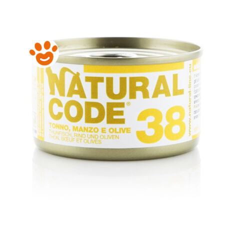 Natural Code 38 Cat Adult al Tonno, Manzo e Olive  - Natural Code 38 Cat Adult al Tonno, Manzo e Olive - Lattina Da 85 Gr