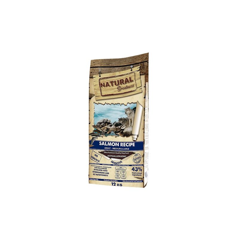 

RECETA SALMÓN SENSITIVE MEDIUM-LARGE Pienso Sin Cereales para Perros Medianos/Grandes, 12 kg - Natural Greatness