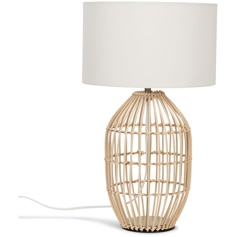Natural Rattan Table Lamp With Fabric Lampshade - White - Including LED Bulb