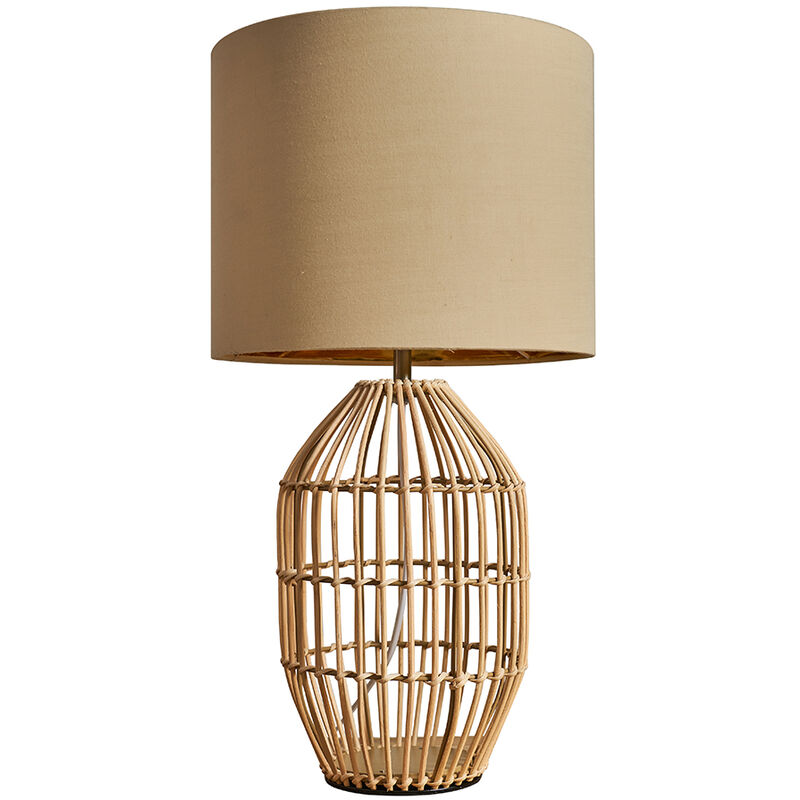 Natural Rattan Table Lamp With Fabric Lampshade - Beige & Gold - Including LED Bulb
