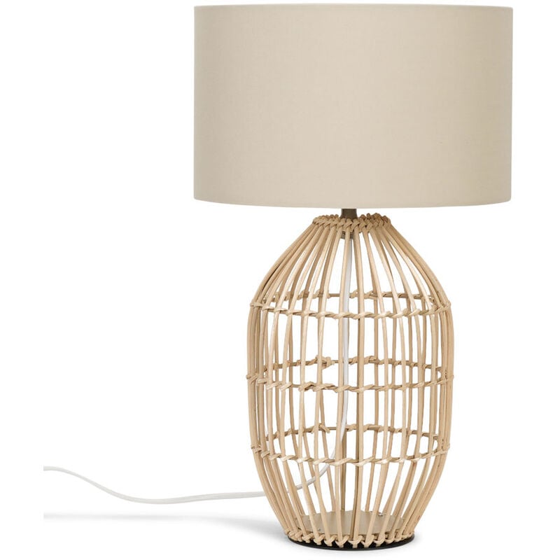Natural Rattan Table Lamp With Fabric Lampshade - Beige - Including LED Bulb