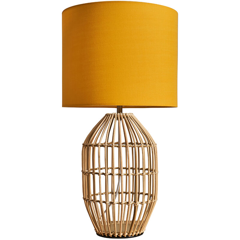Natural Rattan Table Lamp With Fabric Lampshade - Mustard - Including LED Bulb