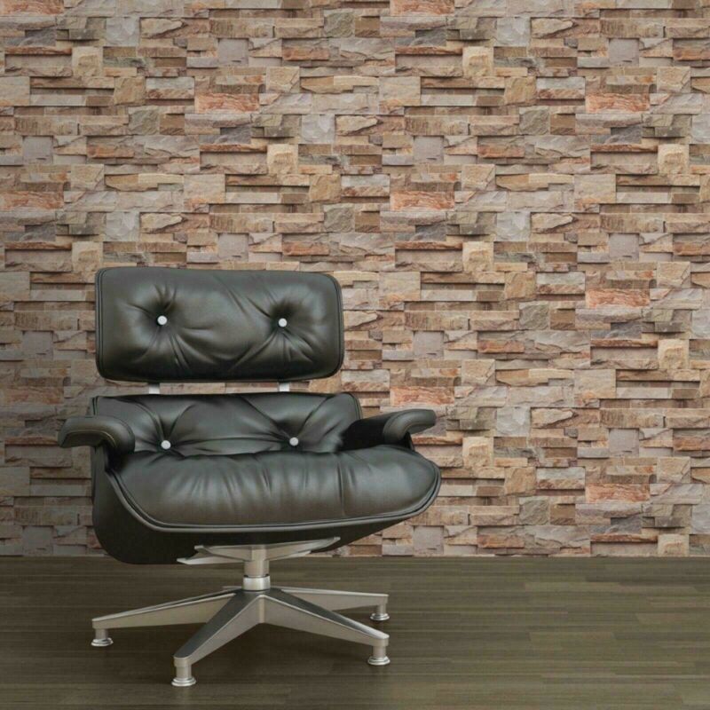 Natural Brown Beige Stone Slate Tile Brick Wall Textured 3D Feature Wallpaper