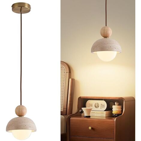 Natural Stone Pendant Light，Travertine & Wood Hanging Lamp for Kitchen Island, Hallway, Bedroom, Dining Room Ceiling Decor (G9 Bulb, Stone Round)
