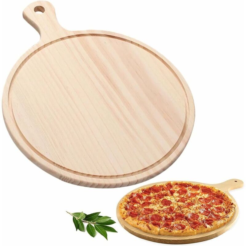 Natural Wood Pizza Tray Round Pizza Tray with Non-Toxic Handle Easy to Clean Use Both Sides, for Family, Restaurant, Camping, Pizza, Steak, Bread,
