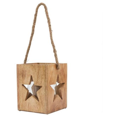 Natural Wooden Large Star Tealight Candle Holder - Glass - L16 x W16 x H19 cm - Brown