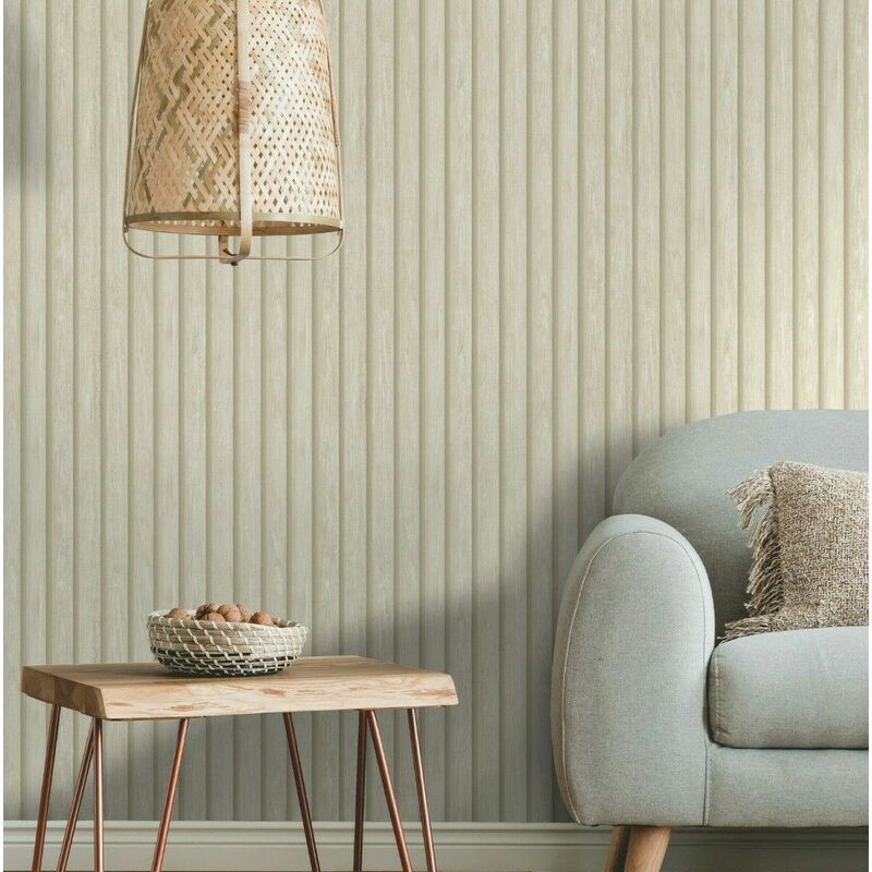 Wood Slat Light Natural Faux Wooden Panel Effect Wallpaper - Holden Decor