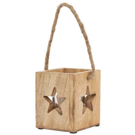 Natural Wooden Small Star Tealight Candle Holder - Glass - L10 x W10 x H10 cm - Brown