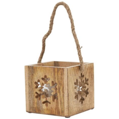 Natural Wooden Snowflake Tealight Candle Holder - Glass - L14 x W14 x H14 cm - Brown