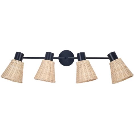 Nature-Deckenleuchte mit 4 Leuchten in Schwarz und natürlichem Rattan für E27-Glühbirne