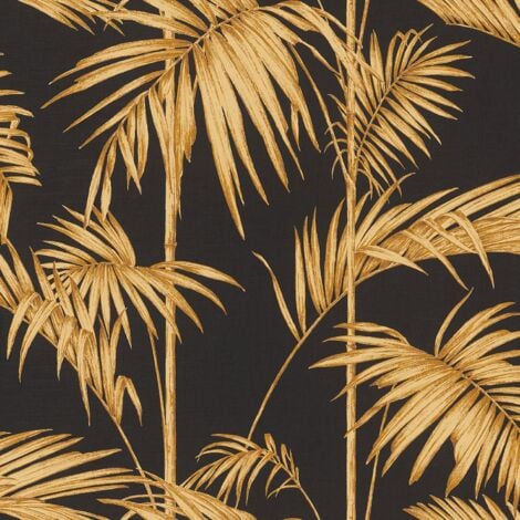 Grand Bahama Tropical Leaf wallpaper in black & gold | I Love Wallpaper