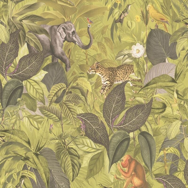 Nature wallpaper wall Profhome 387242 hot embossed non-woven wallpaper smooth with animal pattern matt green yellow olive green white 5.33 m2 (57 ft2)