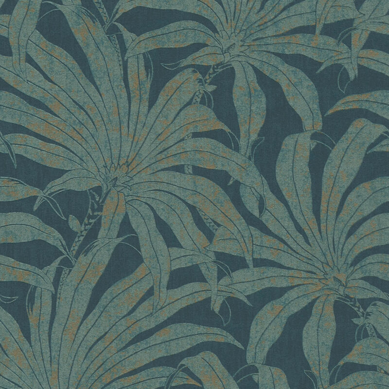 Profhome - Nature Wallpaper Wall 395016 Non-woven Wallpaper Textured With Jungle Elements Shiny Turquoise Gold Blue 5.33 M2