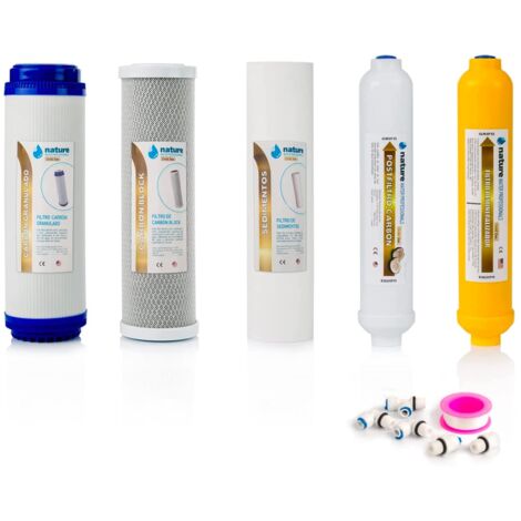 NATURE WATER PROFESSIONALS Confezione da 5 filtri Gold Line per osmosi inversa domestica - Filtri per apparecchiature ad osmosi inversa a 6 stadi - Include connettori, T'' e Teflon