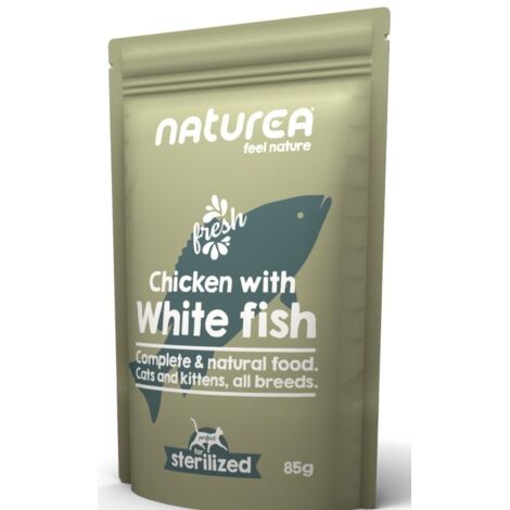 Naturea  Comida húmeda para gatos  Sobre de 85 g - Esterilizada  Pollo con pescado blanco 85 g