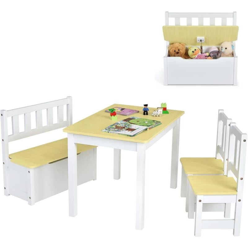 COSTWAY Ensemble Table et Chaises pour Enfants, Table et 2 Chaises et 1 Banc avec Espace de Rangement en Bois (Naturel)