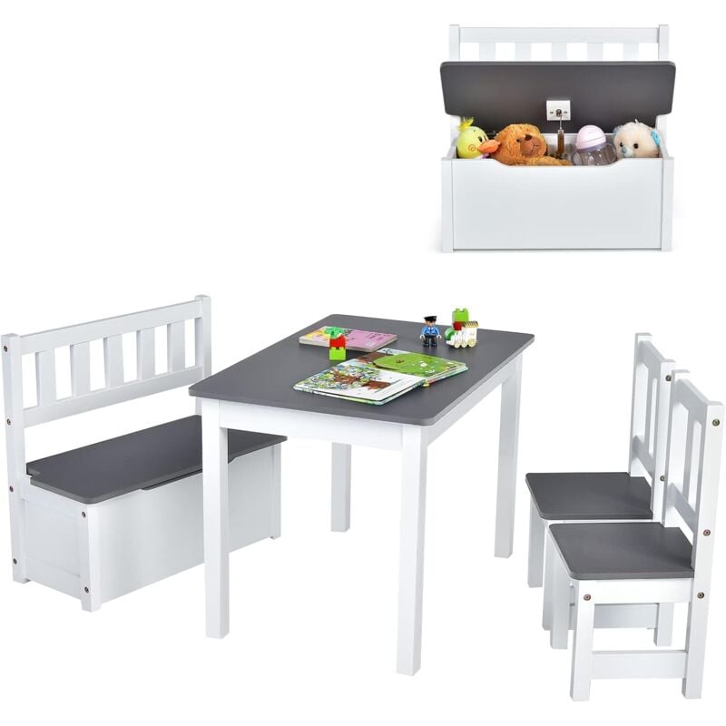 Ensemble Table et Chaises pour Enfants, Table et 2 Chaises et 1 Banc avec Espace de Rangement en Bois (Gris) - Costway