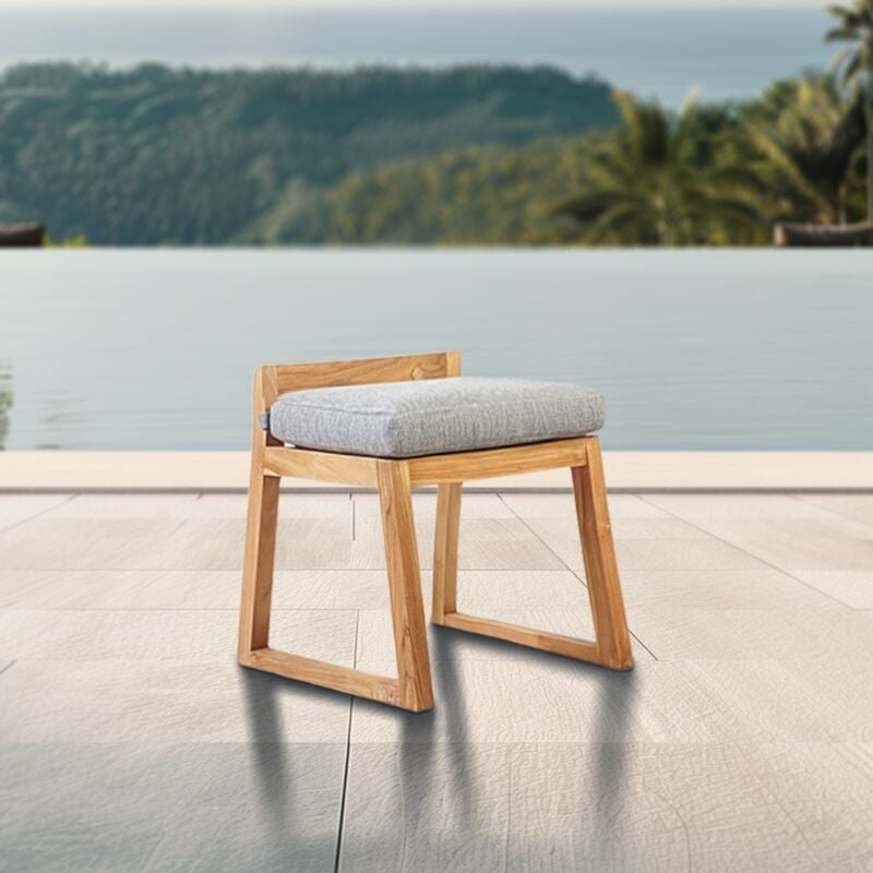 Chaise de table extérieur en teck massif, 50x59.5x56 cm, avec coussins gris perlé, sans dossier (NATOFCH50S) - Naturel