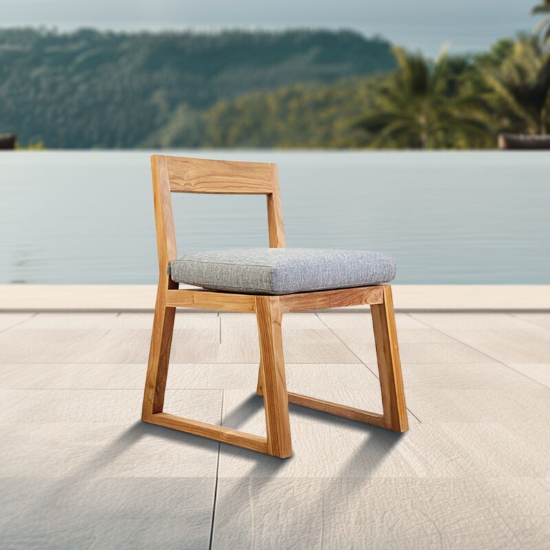 Chaise de table extérieur en teck massif, 50x59.5x79 cm, avec coussin gris perlé imperméable (NATOFCH50B) - Naturel