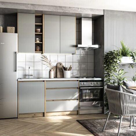 Naturel – Ensemble de meubles de cuisine 1,4 m KSETZLATA – Gris et chêne – Largeur 140 cm – Installation facile pour optimiser l'espace
