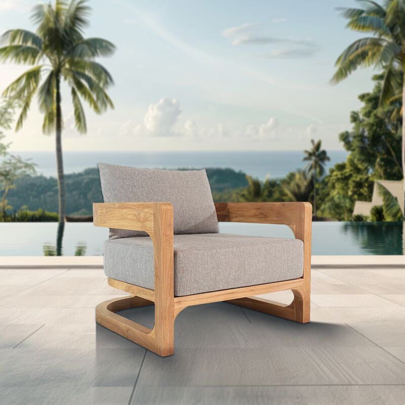 Fauteuil de jardin en teck massif, 87x86x60 cm, avec coussins gris perlé (NATOFCH87) - Naturel