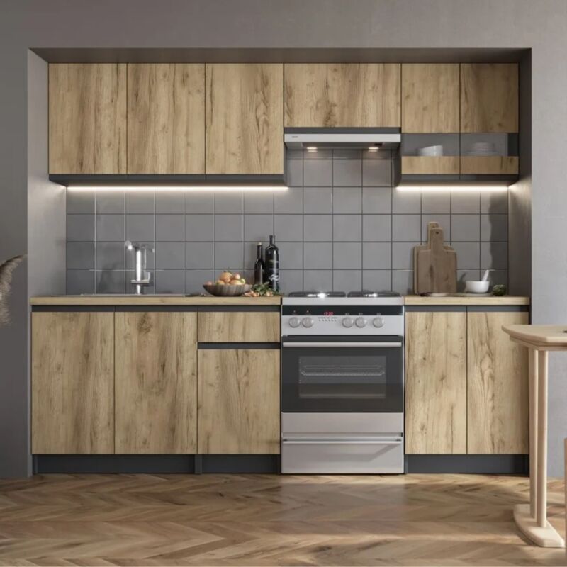 Katarina 2,4 m Graphite lux, ensemble de meubles de cuisine à assembler (ksetkatarinag) - Naturel