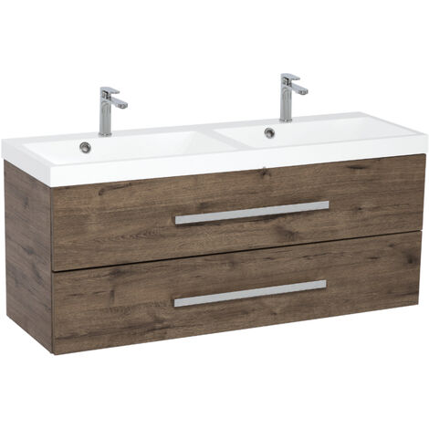 Naturel – Meuble de salle de bain double vasque CUBE2120ZDW – 120x40 cm – Marbre coulé décor chêne Wellington – Meuble suspendu avec tiroirs extensibles