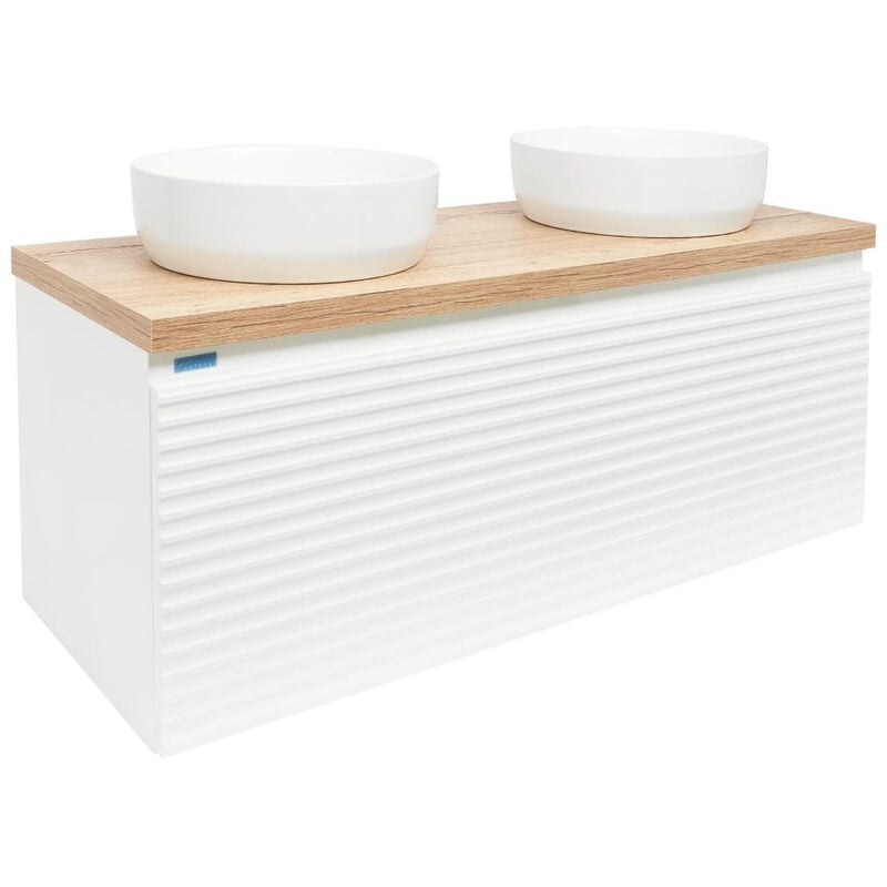 Naturel - Meuble vasque strié Savona 118x43x44,8 cm blanc brillant, planche de chêne halifax (SAVONA120BIDDH)