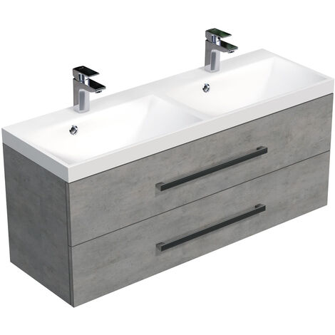 Naturel – Meuble sous vasque double 120x53x40 cm – CUBE2120ZBE – MDF béton stratifié – Vasque en résine blanche – 2 tiroirs extensibles