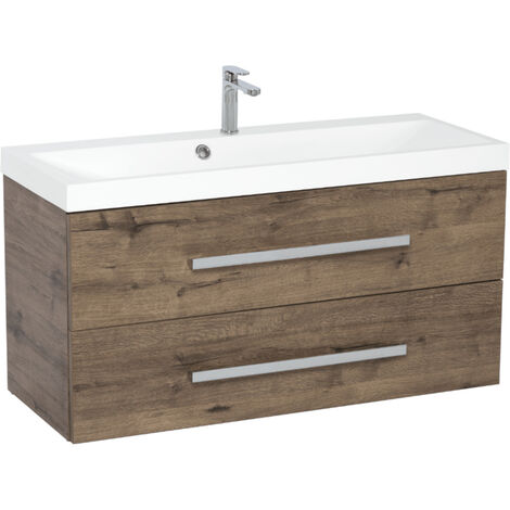 Naturel – Meuble sous vasque simple 100x40 cm – CUBE2100ZDW – MDF chêne Wellington – Vasque en résine blanche – 2 tiroirs extensibles