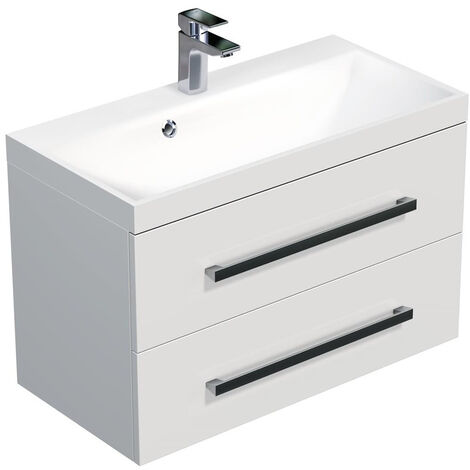 Naturel – Meuble sous vasque simple 80x40 cm blanc brillant – CUBE280ZBL – MDF avec vasque en résine – 2 tiroirs extensibles chromés