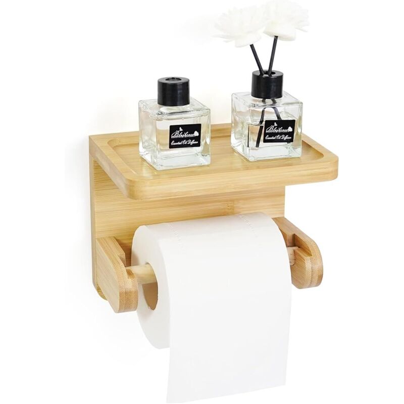 Naturel Porte Papier Toilette Bois, Derouleur Papier Toilette Murale Bois, Porte-Papier Hygiénique à Installation Rapide pour Coller ou Percer, pour