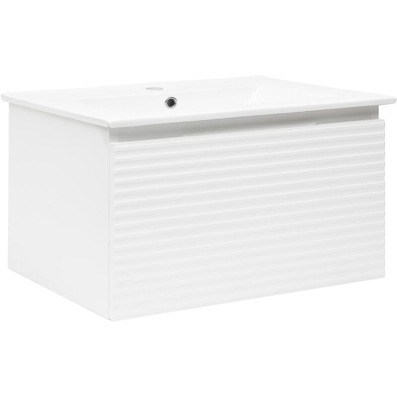 Naturel - Meuble et vasque salle de bain strié Savona 98x43x44,8 cm, Blanc Brillant (SAVONA100BI)