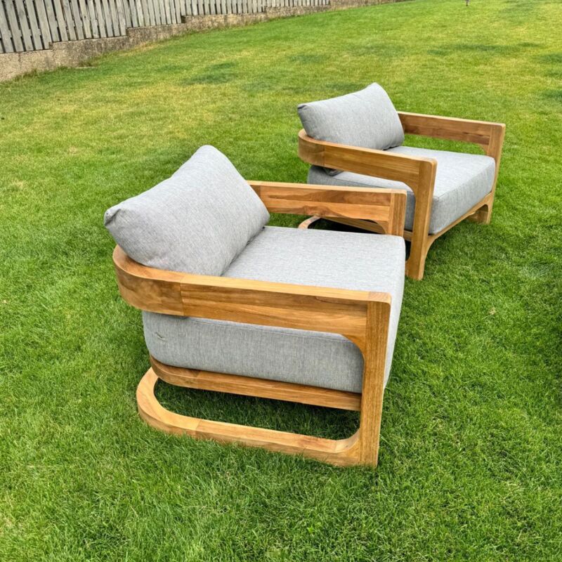 Naturel - Set de 2 fauteuils de jardin en teck massif, 87x86x60 cm, avec coussins gris perlé (NATOFCH87-DUO)
